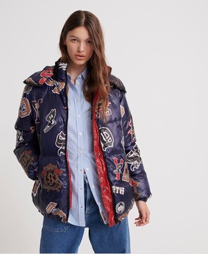 Superdry All Over Print Varsity Reversible Puffer Női Kabát Sötétkék | LHZGR8634